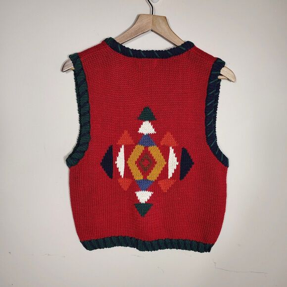 Vtg 90s Southwestern Knit Sweater Vest Red Geometric Aztec Cottage Cabin Large - Picture 2 of 6